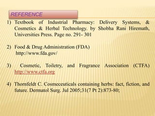 1) Textbook of Industrial Pharmacy: Delivery Systems, &
Cosmetics & Herbal Technology. by Shobha Rani Hiremath,
Universities Press. Page no. 291- 301
2) Food & Drug Administration (FDA)
http://www.fda.gov/
3) Cosmetic, Toiletry, and Fragrance Association (CTFA)
http://www.ctfa.org
4) Thornfeldt C. Cosmeceuticals containing herbs: fact, fiction, and
future. Dermatol Surg. Jul 2005;31(7 Pt 2):873‐80;
REFERENCE
 