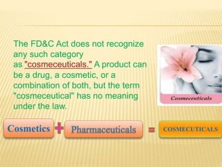 The FD&C Act does not recognize
any such category
as "cosmeceuticals." A product can
be a drug, a cosmetic, or a
combination of both, but the term
"cosmeceutical" has no meaning
under the law.
Cosmetics COSMECUTICALS
 