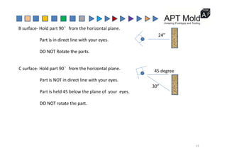 24”
B surface‐ Hold part 90°from the horizontal plane.
Part is in direct line with your eyes.
DO NOT Rotate the parts.
C surface‐ Hold part 90°from the horizontal plane.
Part is NOT in direct line with your eyes
45 degree
Part is NOT in direct line with your eyes.
Part is held 45 below the plane of  your  eyes.
30”
DO NOT rotate the part.
13
 