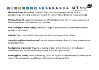 Bleeding(Paint or decoration): Evidence of one color overlapping or altering another 
color(painting). Spreading of pigment beyond the intended boundaries(silk screen, printing).
Fill‐ins(print or silk screen): An excessive use of ink that alters the form of screened or printed 
feature. Placement of ink where no ink should be.
Fl M k ( i t ilk ) W i f d i li j ti b t t
Flow Marks(paint or silk screen): Waviness of edge or excessive linear junction between two 
surfaces of ink or paint.
Lint(paint): Any unintended foreign substance in the coating or on the surface
Lint(paint): Any unintended foreign substance in the coating or on the surface.
Non‐adhesion(Painted or decorated): Lack of adequate sticking of paint, print or any coating to 
the plastic surface
the plastic surface.
Runs(painting or printing): Dripping or sagging of paint or ink. Movement of ink beyond 
intended surfaces Usually caused by too much or too thick paint or ink
intended surfaces. Usually caused by too much or too thick paint or ink.
Smearing(Paint or Ink): Similar to bleeding. Excess ink or paint in areas that should be free of ink 
or paint. Smearing is due to rubbing of surface before adequately dried.
p g g q y
7
 