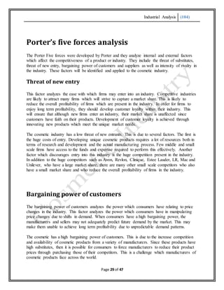 Industrial Analysis (104)
Page 29 of 47
Porter’s five forces analysis
The Porter Five forces were developed by Porter and they analyze internal and external factors
which affect the competitiveness of a product or industry. They include the threat of substitutes,
threat of new entry, bargaining power of customers and suppliers as well as intensity of rivalry in
the industry. These factors will be identified and applied to the cosmetic industry.
Threat of new entry
This factor analyzes the ease with which firms may enter into an industry. Competitive industries
are likely to attract many firms which will strive to capture a market share. This is likely to
reduce the overall profitability of firms which are present in the industry. In order for firms to
enjoy long term profitability, they should develop customer loyalty within their industry. This
will ensure that although new firms enter an industry, their market share is unaffected since
customers have faith on their products. Development of customer loyalty is achieved through
innovating new products which meet the unique market needs.
The cosmetic industry has a low threat of new entrants. This is due to several factors. The first is
the huge costs of entry. Developing unique cosmetic products requires a lot of resources both in
terms of research and development and the actual manufacturing process. Few middle and small
scale firms have access to the funds and expertise required to perform this effectively. Another
factor which discourages entry into this industry is the huge competition present in the industry.
In addition to the huge competitors such as Avon, Revlon, Clinique, Estee Lauder, LR, Mac and
Unilever, who have a large market share, there are many other small scale competitors who also
have a small market share and who reduce the overall profitability of firms in the industry.
Bargaining power of customers
The bargaining power of customers analyzes the power which consumers have relating to price
changes in the industry. This factor analyzes the power which consumers have in manipulating
price changes due to shifts in demand. When consumers have a high bargaining power, the
manufacturers and sellers may not adequately predict future demand by the market. This may
make them unable to achieve long term profitability due to unpredictable demand patterns.
The cosmetic has a high bargaining power of customers. This is due to the increase competition
and availability of cosmetic products from a variety of manufacturers. Since these products have
high substitutes, then it is possible for consumers to force manufacturers to reduce their product
prices through purchasing those of their competitors. This is a challenge which manufacturers of
cosmetic products face across the world.
 