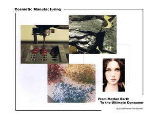 Cosmetic Manufacturing




                         From Mother Earth
                          To the Ultimate Consumer
                                   By Susan Palmer-Van Brackle
 