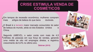 CRISE ESTIMULA VENDA DE
COSMÉTICOS
Em tempos de recessão econômica, mulheres compram
mais artigos de beleza do que bens duráveis.
O Brasil é o terceiro maior mercado consumidor do setor
de beleza do mundo, atrás só dos Estados Unidos e
China.
Segundo (ABEVD), o setor conta com mais de 4,5
milhões de pessoas em sua força de vendas, gerando
uma média de oito mil empregos diretos, e registrou
crescimento de 6,4% no último ano.
Sebrae (2015)
 