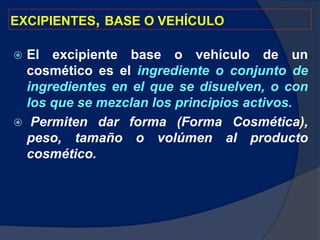 EXCIPIENTES, BASE O VEHÍCULO
 El excipiente base o vehículo de un
cosmético es el ingrediente o conjunto de
ingredientes en el que se disuelven, o con
los que se mezclan los principios activos.
 Permiten dar forma (Forma Cosmética),
peso, tamaño o volúmen al producto
cosmético.
 