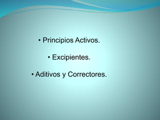 • Principios Activos.
• Excipientes.
• Aditivos y Correctores.
 