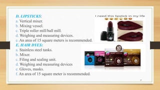 D. LIPSTICKS:
a. Vertical mixer.
b. Mixing vessel.
c. Triple roller mill/ball mill.
d. Weighing and measuring devices.
e. An area of 15 square meters is recommended.
E. HAIR DYES:
a. Stainless steel tanks.
b. Mixer.
c. Filing and sealing unit.
d. Weighing and measuring devices
e. Gloves, masks.
f. An area of 15 square meter is recommended.
9 27
 