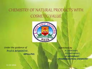 CHEMISTRY OF NATURAL PRODUCTS WITH
COSMETIC VALUE
Under the guidance of
Prof.K.BHARATHI ,
MPhm,PhD.
Submitted by
A.CHANDANA,
2015MPH40001,
I/II MPHARMACY
PHARMACEUTICAL CHEMISTRY
11-O2-2016 1
 