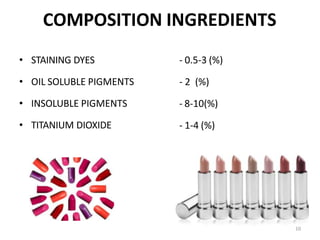 COMPOSITION INGREDIENTS
• STAINING DYES
• OIL SOLUBLE PIGMENTS
• INSOLUBLE PIGMENTS
• TITANIUM DIOXIDE
- 0.5-3 (%)
- 2 (%)
- 8-10(%)
- 1-4 (%)
10
 