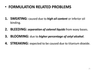 21
• FORMULATION RELATED PROBLEMS
1. SWEATING: caused due to high oil content or inferior oil
binding.
2. BLEEDING: separation of colored liquids from waxy bases.
3. BLOOMING: due to higher percentage of cetyl alcohol.
4. STREAKING: expected to be caused due to titanium dioxide.
 