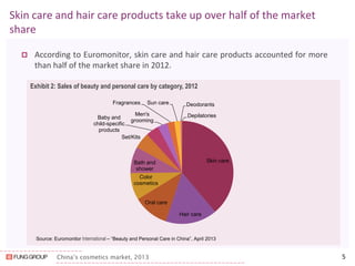 China’s cosmetics market, 2013 
Skin care and hair care products take up over half of the market share 
According to Euromonitor, skin care and hair care products accounted for more than half of the market share in 2012. 
Source: Euromonitor International – “Beauty and Personal Care in China”, April 2013 
5 
Exhibit 2: Sales of beauty and personal care by category, 2012 
Skin care 
Hair care 
Oral care 
Color cosmetics 
Bath and shower 
Set/Kits 
Baby and child-specific products 
Men's grooming 
Fragrances 
Sun care 
Deodorants 
Depilatories  