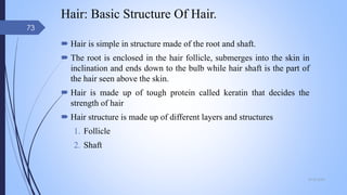 Hair: Basic Structure Of Hair.
 Hair is simple in structure made of the root and shaft.
 The root is enclosed in the hair follicle, submerges into the skin in
inclination and ends down to the bulb while hair shaft is the part of
the hair seen above the skin.
 Hair is made up of tough protein called keratin that decides the
strength of hair
 Hair structure is made up of different layers and structures
1. Follicle
2. Shaft
09-02-2022
73
 