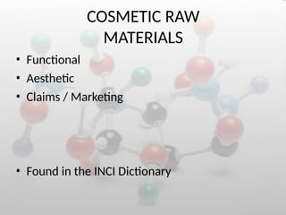 COSMETIC RAW
MATERIALS
• Functional
• Aesthetic
• Claims / Marketing
• Found in the INCI Dictionary
 