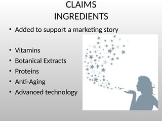 CLAIMS
INGREDIENTS
• Added to support a marketing story
• Vitamins
• Botanical Extracts
• Proteins
• Anti-Aging
• Advanced technology
 