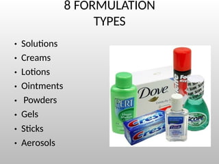 8 FORMULATION
TYPES
● Solutions
Creams
Lotions
Ointments
Powders
Gels
Sticks
Aerosols
●
●
●
●
●
●
●
 