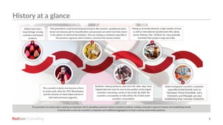 RedSeer 5
The cosmetics industry has become a force
to reckon with, after the 1991 liberalization
and the victories of many Indian women in
international beauty pageants,.
Aesthetic makeup products, used since the olden days, have
helped India fast-track its race to the position of the largest
cosmetics consuming country in the world. By 2020, the
cosmetics consumption in India will be 5% of total world
cosmetics consumption.
Indian homegrown cosmetics companies,
especially herbal brands such as
Himalaya, Forest Essentials, Juicy
Chemistry and Patanjali, are also
establishing their overseas footprints.
Indians have had a
long heritage of using
cosmetics and beauty
products.
Past generations used home/backyard products like turmeric, sandalwood paste,
lemon and aloevera gel for beautification and personal care which lost their charm
in the advent of chemical formulations. They are making a comeback especially in
the premium segments which market a chemical-free beauty routine.
Owing to increased demand, a large number of local
as well as international manufacturers like Lakme,
Loreal, Shahnaz, Mac, Oriflame etc. have gradually
extended their product range pan-India.
History at a glance
The pervasion of social media is playing an important role in spreading awareness about cosmetics products, making consumers aware of reviews and establishing trends.
It has become a norm for cosmetics companies and multibrand aggregators to have a strong social media presence.
1 3 5
2 4 6
 