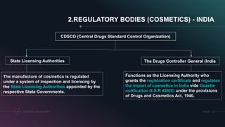 SRIHERCOSMETICS REGULATORY4
2.REGULATORY BODIES (COSMETICS) - INDIA
CDSCO (Central Drugs Standard Control Organization)
State Licensing Authorities The Drugs Controller General (India)
The manufacture of cosmetics is regulated
under a system of inspection and licensing by
the State Licensing Authorities appointed by the
respective State Governments.
Functions as the Licensing Authority who
grants the registration certificate and regulates
the import of cosmetics in India vide Gazette
notification G.S.R 426(E) under the provisions
of Drugs and Cosmetics Act, 1940.
 