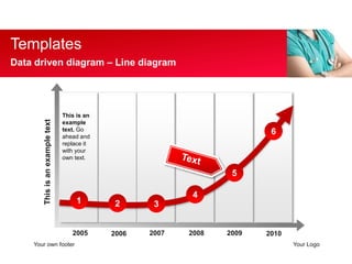 Templates 
Data driven diagram C Line diagram 
3 
5 
This is an 
example 
text. Go 
ahead and 
replace it 
with your 
own text. 
1 2 
4 
6 
2005 2006 2007 2008 2009 2010 
This is an example text 
Your own footer Your Logo 
 