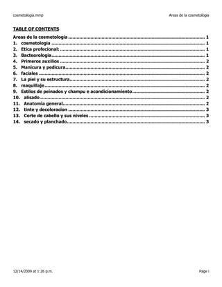 cosmetologia.mmp                                                                                          Areas de la cosmetologia


TABLE OF CONTENTS
Areas de la cosmetologia .................................................................................................. 1
1. cosmetologia .............................................................................................................. 1
2. Etica profecional: ........................................................................................................ 1
3. Bacteorologia .............................................................................................................. 1
4. Primeros auxilios ........................................................................................................ 2
5. Manicura y pedicura .................................................................................................... 2
6. faciales ....................................................................................................................... 2
7. La piel y su estructura................................................................................................. 2
8. maquillaje ................................................................................................................... 2
9. Estilos de peinados y champu e acondicionamiento .................................................... 2
10. alisado ...................................................................................................................... 2
11. Anatomia general...................................................................................................... 2
12. tinte y decoloracion .................................................................................................. 3
13. Corte de cabello y sus niveles ................................................................................... 3
14. secado y planchado ................................................................................................... 3




12/14/2009 at 1:26 p.m.                                                                                                       Page i
 