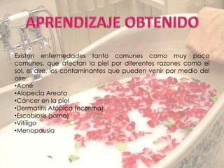 Existen enfermedades tanto comunes como muy poco
comunes, que afectan la piel por diferentes razones como el
sol, el aire, los contaminantes que pueden venir por medio del
aire:
•Acné
•Alopecia Areata
•Cáncer en la piel
•Dermatitis Atópica (eczema)
•Escabiosis (sarna)
•Vitíligo
•Menopausia
 