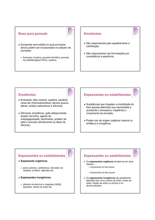 Base para pomada
Excipiente semi-sólido no qual princípios
ativos podem ser incorporados no preparo de
pomadas.
Exemplos: lanolina, pomada hidrofílica, pomada
de polietilenoglicol (PEG), vaselina.
Emolientes
São responsáveis pelo espalhamento e
lubrificação.
São responsáveis nas formulações por
consistência e aparência.
Emolientes
Exemplos: óleo mineral, vaselina, parafina,
ceras etc (hidrocarbonetos); álcoois graxos,
éteres, ácidos carboxílicos e silicones.
Silicones: emoliência, ação atiespumante,
doador de brilho, agente de
antipegajosidade, lubrificante, protetor da
pele e veículos (dimeticones ou óleos de
silicone).
Espessantes ou estabilizantes
Substâncias que impedem a mobilidade da
fase aquosa alterando sua viscosidade e
auxiliando o tensoativo, impedindo o
rompimento da emulsão.
Podem ser de origem orgânica (natural ou
sintético) e inorgânica.
Espessantes ou estabilizantes
Espessante orgânicos:
goma xantana, carbômeros, derivados da
celulose, acrilatos, alginatos etc.
Espessantes inorgânicos:
silicatos de alumínio e magnésio (SAM),
betonitas, cloreto de sódio etc.
Espessantes ou estabilizantes
Os espessantes orgânicos dividem-se em duas
classes:
Espessantes de fase oleosa
Espessantes de fase aquosa
Os espessantes inorgânicos são geralmente
eletrólitos tais como cloreto de sódio, citrato de
sódio, fosfato de sódio ou amônio e os
aluminosilicatos.
 