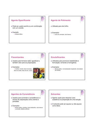 Agente Opacificante
Pode ser usado sozinho ou em combinação
com um corante.
Exemplo:
Dióxido titânio.
Agente de Polimento
Utilizado para dar brilho.
Exemplos:
Cera de carnaúba, cera branca.
Flavorizantes
Usados para fornecer sabor agradável e,
também odor para as preparações.
Exemplos:
Vanilina, mentol, óleo de laranja,
óleo de canela, óleo de anis, cacau.
Emulsificantes
Utilizados para promover estabilidade à
formulação, tornando-a homogênea.
Exemplos:
Álcool cetílico, monoestearato de glicerila, monooleato
de sorbitan.
Agentes de Consistência
Usados para aumentar a consistência e a
dureza de preparações como cremes e
pomadas.
Exemplos:
Álcool cetílico, parafina, ácool estearílico, cera branca
e amarela, ésteres cetílicos.
Solventes
Agente usado para dissolver outra
substância na preparação de uma solução.
O solvente pode ser aquoso ou não-aquoso
como óleos.
 