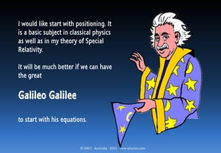 © ABCC Australia 2015 new-physics.com
I would like start with positioning. It
is a basic subject in classical physics
as well as in my theory of Special
Relativity.
It will be much better if we can have
the great
Galileo Galilee
to start with his equations.
 