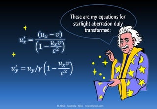 © ABCC Australia 2015 new-physics.com
𝑢 𝑥
′ =
𝑢 𝑥 − 𝑣
1 −
𝑢 𝑥 𝑣
𝑐2
𝑢 𝑦
′ = 𝑢 𝑦/𝛾 1 −
𝑢 𝑥 𝑣
𝑐2
These are my equations for
starlight aberration duly
transformed:
 