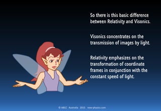 © ABCC Australia 2015 new-physics.com
So there is this basic difference
between Relativity and Visonics.
Visonics concentrates on the
transmission of images by light.
Relativity emphasizes on the
transformation of coordinate
frames in conjunction with the
constant speed of light.
 