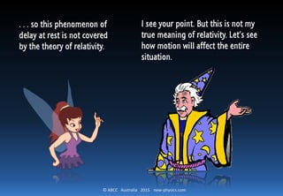 © ABCC Australia 2015 new-physics.com
. . . so this phenomenon of
delay at rest is not covered
by the theory of relativity.
I see your point. But this is not my
true meaning of relativity. Let’s see
how motion will affect the entire
situation.
 