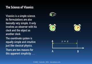 © ABCC Australia 2015 new-physics.com
The Science of Visonics
Visonics is a simple science.
Its formulations are also
basically very simple. It only
involves an observer with his
clock and the object as
another clock.
The coordinate system is
equally simple and intuitive
just like classical physics.
There are two reasons for
this apparent simplicity . . .
𝑠 = 𝑥
A B
 