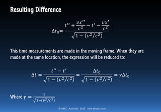 © ABCC Australia 2015 new-physics.com
Resulting Difference
∆𝑡0=
𝑡′′ +
𝑣𝑥′′
𝑐2 − 𝑡′ −
𝑣𝑥′
𝑐2
1 − 𝑣2 𝑐2
These time measurements are made in the moving frame. When they are
made at the same location, the expression will be reduced to:
∆𝑡 =
𝑡′′ − 𝑡′
1 − 𝑣2 𝑐2
=
∆𝑡0
1 − 𝑣2 𝑐2
= 𝛾∆𝑡0
Where 𝛾 =
1
1− 𝑣2 𝑐2
 
