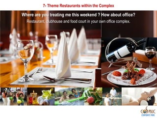 7- Theme Restaurants within the Complex

Where are you treating me this weekend ? How about office?
  Restaurant, clubhouse and food court in your own office complex.
 