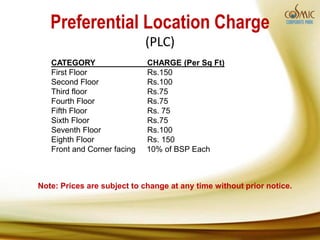 Preferential Location Charge
                             (PLC)
   CATEGORY                  CHARGE (Per Sq Ft)
   First Floor               Rs.150
   Second Floor              Rs.100
   Third floor               Rs.75
   Fourth Floor              Rs.75
   Fifth Floor               Rs. 75
   Sixth Floor               Rs.75
   Seventh Floor             Rs.100
   Eighth Floor              Rs. 150
   Front and Corner facing   10% of BSP Each



Note: Prices are subject to change at any time without prior notice.
 