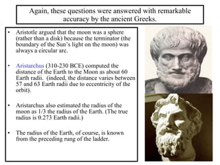 Again, these questions were answered with remarkable accuracy by the ancient Greeks. Aristotle argued that the moon was a sphere (rather than a disk) because the terminator (the boundary of the Sun’s light on the moon) was always a circular arc. Aristarchus  (310-230 BCE) computed the distance of the Earth to the Moon as about 60 Earth radii.  (indeed, the distance varies between 57 and 63 Earth radii due to eccentricity of the orbit). Aristarchus also estimated the radius of the moon as 1/3 the radius of the Earth. (The true radius is 0.273 Earth radii.) The radius of the Earth, of course, is known from the preceding rung of the ladder. 