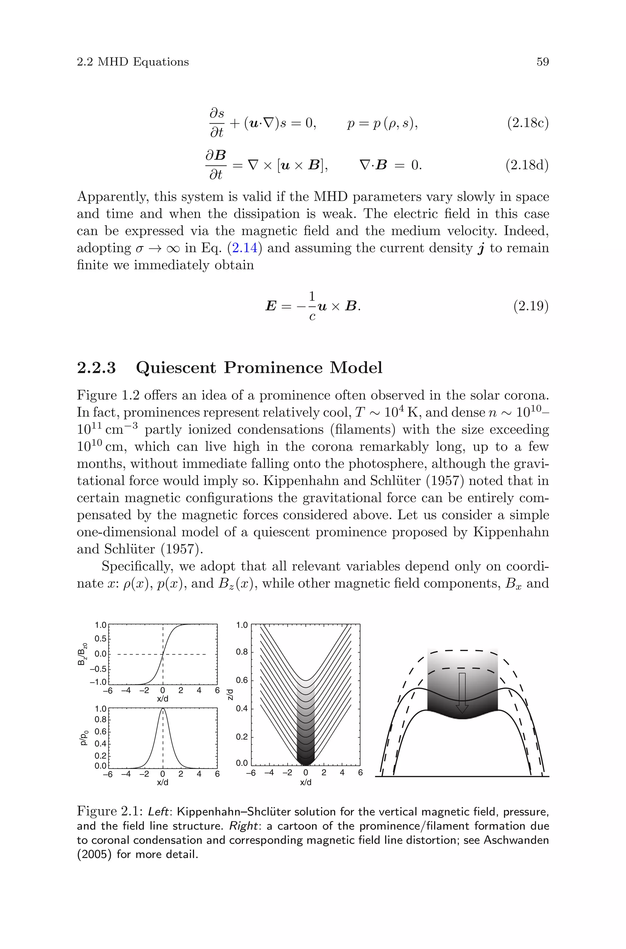 2.2 MHD Equations 59
∂s
∂t
+ (u·∇)s = 0, p = p (ρ, s), (2.18c)
∂B
∂t
= ∇ × [u × B], ∇·B = 0. (2.18d)
Apparently, this system is valid if the MHD parameters vary slowly in space
and time and when the dissipation is weak. The electric ﬁeld in this case
can be expressed via the magnetic ﬁeld and the medium velocity. Indeed,
adopting σ → ∞ in Eq. (2.14) and assuming the current density j to remain
ﬁnite we immediately obtain
E = −
1
c
u × B. (2.19)
2.2.3 Quiescent Prominence Model
Figure 1.2 oﬀers an idea of a prominence often observed in the solar corona.
In fact, prominences represent relatively cool, T ∼ 104
K, and dense n ∼ 1010
–
1011
cm−3
partly ionized condensations (ﬁlaments) with the size exceeding
1010
cm, which can live high in the corona remarkably long, up to a few
months, without immediate falling onto the photosphere, although the gravi-
tational force would imply so. Kippenhahn and Schl¨uter (1957) noted that in
certain magnetic conﬁgurations the gravitational force can be entirely com-
pensated by the magnetic forces considered above. Let us consider a simple
one-dimensional model of a quiescent prominence proposed by Kippenhahn
and Schl¨uter (1957).
Speciﬁcally, we adopt that all relevant variables depend only on coordi-
nate x: ρ(x), p(x), and Bz(x), while other magnetic ﬁeld components, Bx and
−6 −4 −2 0 2 4 6
−1.0
−0.5
0.0
0.5
1.0
0.0
0.2
0.4
0.6
0.8
1.0
0.0
0.2
0.4
0.6
0.8
1.0
z/d
x/d
−6 −4 −2 0 2 4 6
x/d
−6 −4 −2 0 2 4 6
x/d
Bz
/Bz0p/p0
Figure 2.1: Left: Kippenhahn–Shcl¨uter solution for the vertical magnetic ﬁeld, pressure,
and the ﬁeld line structure. Right: a cartoon of the prominence/ﬁlament formation due
to coronal condensation and corresponding magnetic ﬁeld line distortion; see Aschwanden
(2005) for more detail.
 