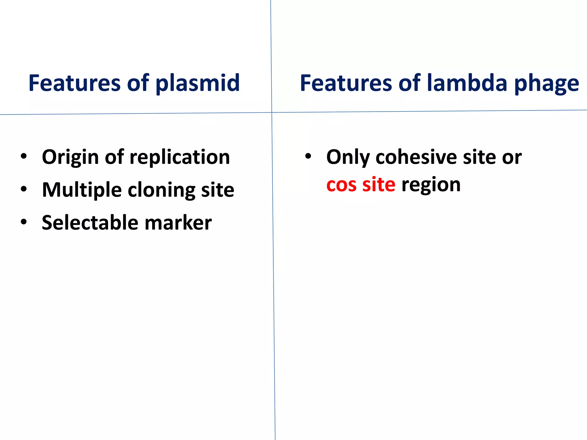 Features of plasmid
• Origin of replication
• Multiple cloning site
• Selectable marker
Features of lambda phage
• Only cohesive site or
cos site region
 