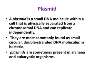 Plasmid
• A plasmid is a small DNA molecule within a
cell that is physically separated from a
chromosomal DNA and can replicate
independently.
• They are most commonly found as small
circular, double-stranded DNA molecules in
bacteria.
• plasmids are sometimes present in archaea
and eukaryotic organisms.
 