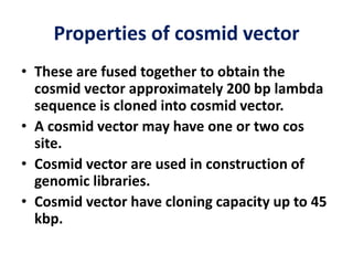Properties of cosmid vector
• These are fused together to obtain the
cosmid vector approximately 200 bp lambda
sequence is cloned into cosmid vector.
• A cosmid vector may have one or two cos
site.
• Cosmid vector are used in construction of
genomic libraries.
• Cosmid vector have cloning capacity up to 45
kbp.
 