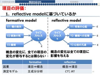 項目の評価：
1．reflective modelに基づいているか
formative model reflective model
ライフ
ストレス
η
Y1: 将来の心配
Y2: 睡眠への支障
Y3:心拍の亢進
ライフ
ストレス
η
X1: 職の喪失
X2:家族の死
X3:離婚
ε
ε
ε
ε
formative reflective
因果 項目⇒概念 概念⇒項目
測定モデル 主成分分析 CTT, IRT
概念の変化は全ての項目に
影響を与える
概念の変化に，全ての項目の
変化が寄与するとは限らない
内容的妥当性 構造的妥当性 仮説検証
13
 
