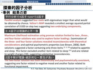 探索的因子分析
・事例 結果の節
N.T. Van Dam, M. Earleywine: Psychiatry Research 186 (2011) 128–132
Parallel analysis suggested four roots with eigenvalues larger than what would
be obtained by chance. Velicer's MAP revealed a smallest average squared partial
correlation of 0.020 on step two suggesting two underlying components.
Maximum Likelihood estimation using promax rotation limited to two-, three-,
and four-factor solutions was used to explore factor loadings. Examination of
the three- and four factor solutions revealed inconsistencies with theoretical
considerations and optimal psychometric properties (see Brown, 2006). Both
solutions suggested a factor containing only three items (1, 5, 19) related to appetite
and sleep. This factor excluded another item related to sleep (11) and one related
to weight changes (18), suggesting substantive inconsistencies.
The two-factor solution was both theoretically and psychometrically consistent,
suggesting one factor related to negative mood and another factor related to
functional impairment.
平行分析で４因子・MAPで２因子
３・４因子は理論的と不一致
２因子解が理論・統計的な一貫性が良い
内容的妥当性 構造的妥当性 仮説検証
29
 