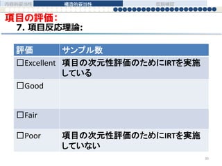 項目の評価：
7. 項目反応理論:
評価 サンプル数
□Excellent 項目の次元性評価のためにIRTを実施
している
□Good
□Fair
□Poor 項目の次元性評価のためにIRTを実施
していない
内容的妥当性 構造的妥当性 仮説検証
30
 