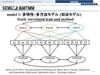 SEMによるMTMM
B1A1 C1
trait A
B2A2 C2
trait B
B3A3 C3
trait C
method
1
method
2
method
3
model 1: 多特性・多方法モデル (加法モデル)
freely correlated trait and method
内容的妥当性 構造的妥当性 仮説検証
Byrne, B. M. (2011). Structural Equation Modeling with Mplus: Basic Concepts, Applications,
and Programming (Multivariate Applications Series). Routledge Academic 48
 