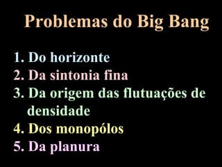 Problemas do Big Bang
1. Do horizonte
2. Da sintonia fina
3. Da origem das flutuações de
jdensidade
4. Dos monopólos
5. Da planura
 