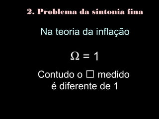 2. Problema da sintonia fina
Na teoria da inflação
Ω = 1
Contudo o  medido
é diferente de 1
 