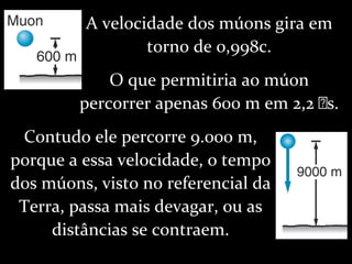 A velocidade dos múons gira em
torno de 0,998c.
O que permitiria ao múon
percorrer apenas 600 m em 2,2 s.
Contudo ele percorre 9.000 m,
porque a essa velocidade, o tempo
dos múons, visto no referencial da
Terra, passa mais devagar, ou as
distâncias se contraem.
 