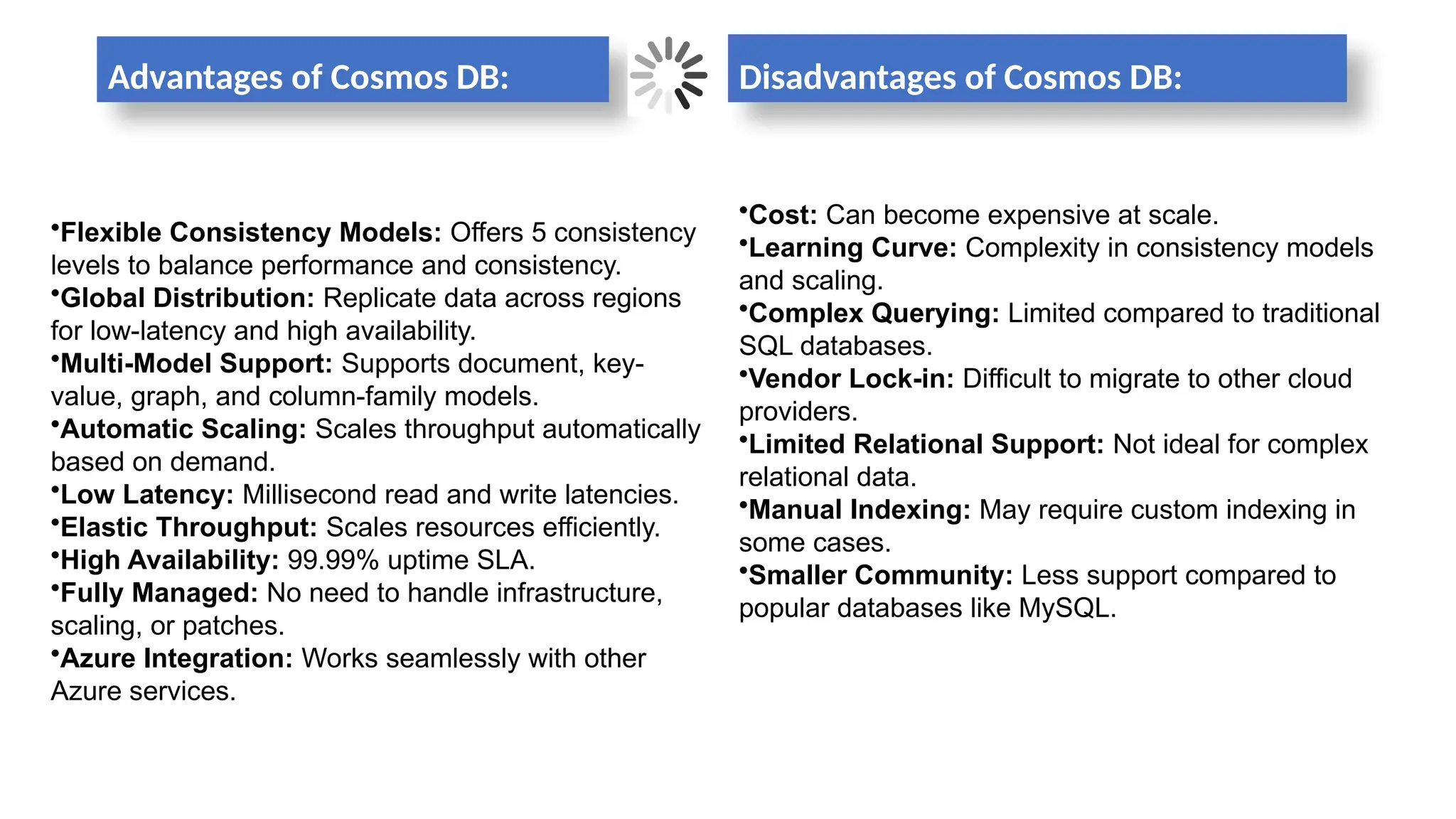 Advantages of Cosmos DB: Disadvantages of Cosmos DB:
•Cost: Can become expensive at scale.
•Learning Curve: Complexity in consistency models
and scaling.
•Complex Querying: Limited compared to traditional
SQL databases.
•Vendor Lock-in: Difficult to migrate to other cloud
providers.
•Limited Relational Support: Not ideal for complex
relational data.
•Manual Indexing: May require custom indexing in
some cases.
•Smaller Community: Less support compared to
popular databases like MySQL.
•Flexible Consistency Models: Offers 5 consistency
levels to balance performance and consistency.
•Global Distribution: Replicate data across regions
for low-latency and high availability.
•Multi-Model Support: Supports document, key-
value, graph, and column-family models.
•Automatic Scaling: Scales throughput automatically
based on demand.
•Low Latency: Millisecond read and write latencies.
•Elastic Throughput: Scales resources efficiently.
•High Availability: 99.99% uptime SLA.
•Fully Managed: No need to handle infrastructure,
scaling, or patches.
•Azure Integration: Works seamlessly with other
Azure services.
 