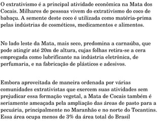 O extrativismo é a principal atividade econômica na Mata dos Cocais. Milhares de pessoas vivem do extrativismo do coco de babaçu. A semente deste coco é utilizada como matéria-prima pelas indústrias de cosméticos, medicamentos e alimentos.    No lado leste da Mata, mais seco, predomina a carnaúba, que pode atingir até 20m de altura, cujas folhas retira-se a cera empregada como lubrificante na indústria eletrônica, de perfumaria, e na fabricação de plásticos e adesivos.    Embora aproveitada de maneira ordenada por várias comunidades extrativistas que exercem suas atividades sem prejudicar essa formação vegetal, a Mata de Cocais também é seriamente ameaçada pela ampliação das áreas de pasto para a pecuária, principalmente no Maranhão e no norte do Tocantins. Essa área ocupa menos de 3% da área total do Brasil  