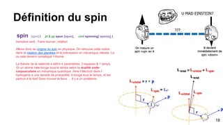 Définition du spin
spin [spɪn] ( pt & pp spun [spʌn], cont spinning[ˈspɪnɪŋ] )
transitive verb : Faire tourner, rotation
Allons donc au origine du spin en physique. On retrouve cette notion
dans la rotation des planètes et la précession en mécanique céleste. La
ou cela devient compliqué: l’Atome.
La théorie de la relativité a défini 4 paramètres, 3 espaces & 1 temps.
Or un atome cela bouge tous le temps selon la dualité onde-
corpusculaire en mécanique quantique. Ainsi l’électron dans l’
hydrogène a une densité de probabilité. Il bouge tous le temps, et est
partout à la fois! Donc trouver le lieux…. Il y a un problème.
18
 