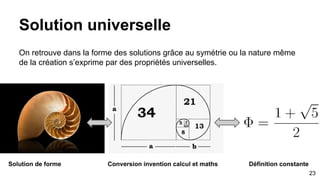 Solution universelle
On retrouve dans la forme des solutions grâce au symétrie ou la nature même
de la création s’exprime par des propriétés universelles.
Solution de forme Conversion invention calcul et maths Définition constante
23
 