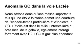 Il était l’hologramme
55
La figure d'interférences ainsi formée contient toutes les informations concernant l'amplitude et la phase de l'onde objet, c'est-à-dire
la forme et la position de l'objet dans l'espace en l'occurrence l’exemple un peu avant une étoile et sa cohérence vu de la Terre:
● monochromatique (cohérence temporelle)
● en phase (cohérence temporelle)
● directive (cohérence spatiale)
Nota: la mémoire holographique est une technique de stockage d’information de masse dans des cristaux utilisant des principes de
chimies quantiques. Ainsi entre deux cristaux il y a intrication et symétrie des données pour le transfert.
 